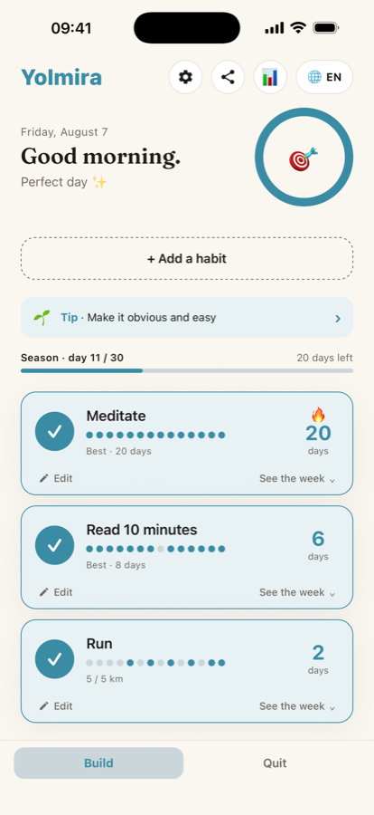 Yolmira on iPhone showing a completed day