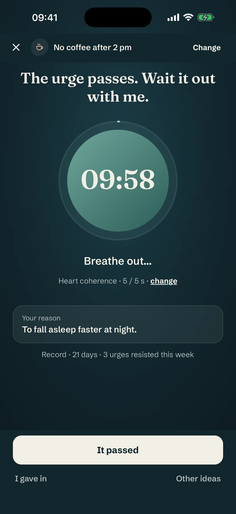 Yolmira's craving screen: a ten-minute timer, a breathing circle and the user's reason to quit