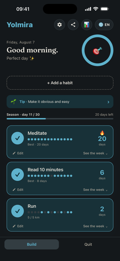 The same home screen in dark mode