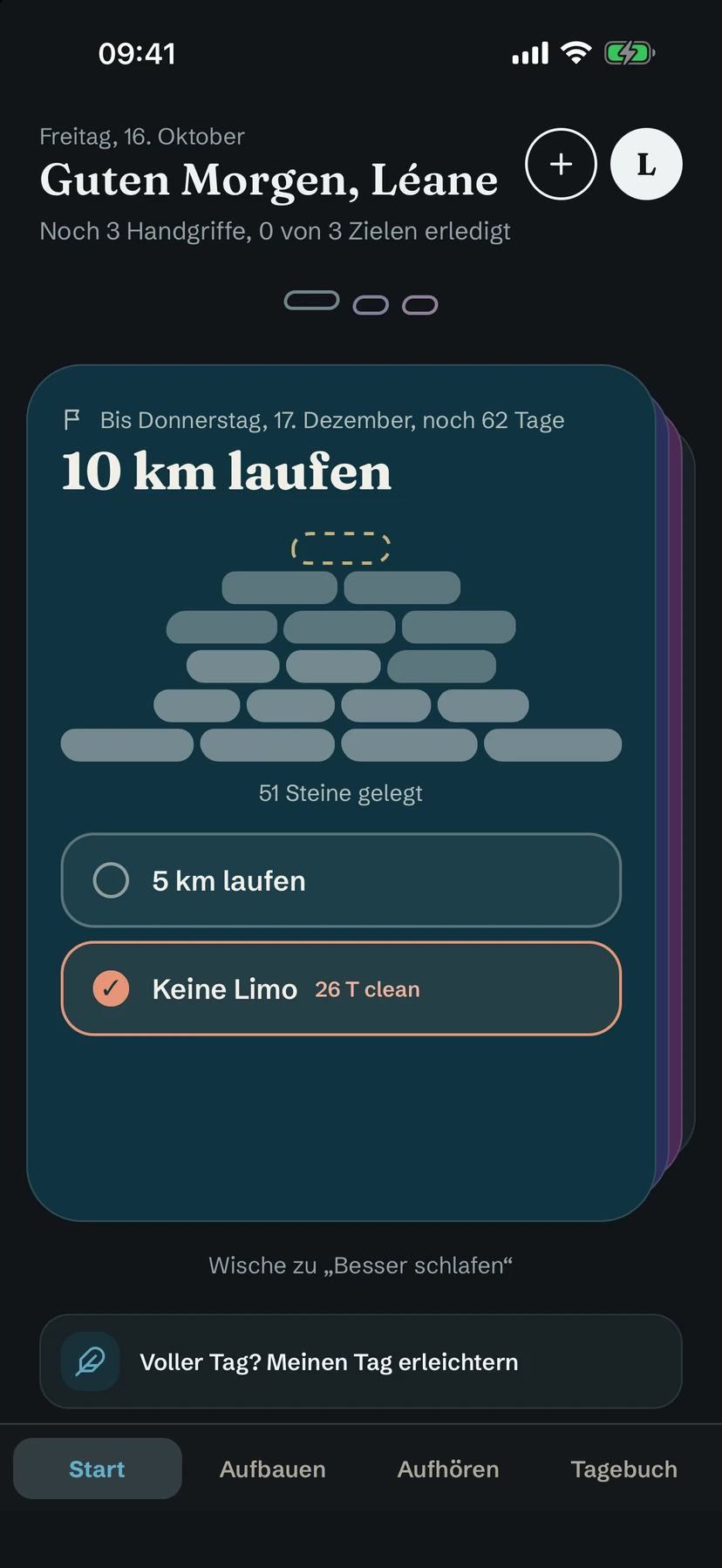 Der Startbildschirm mit einer Zielkarte, im dunklen Design