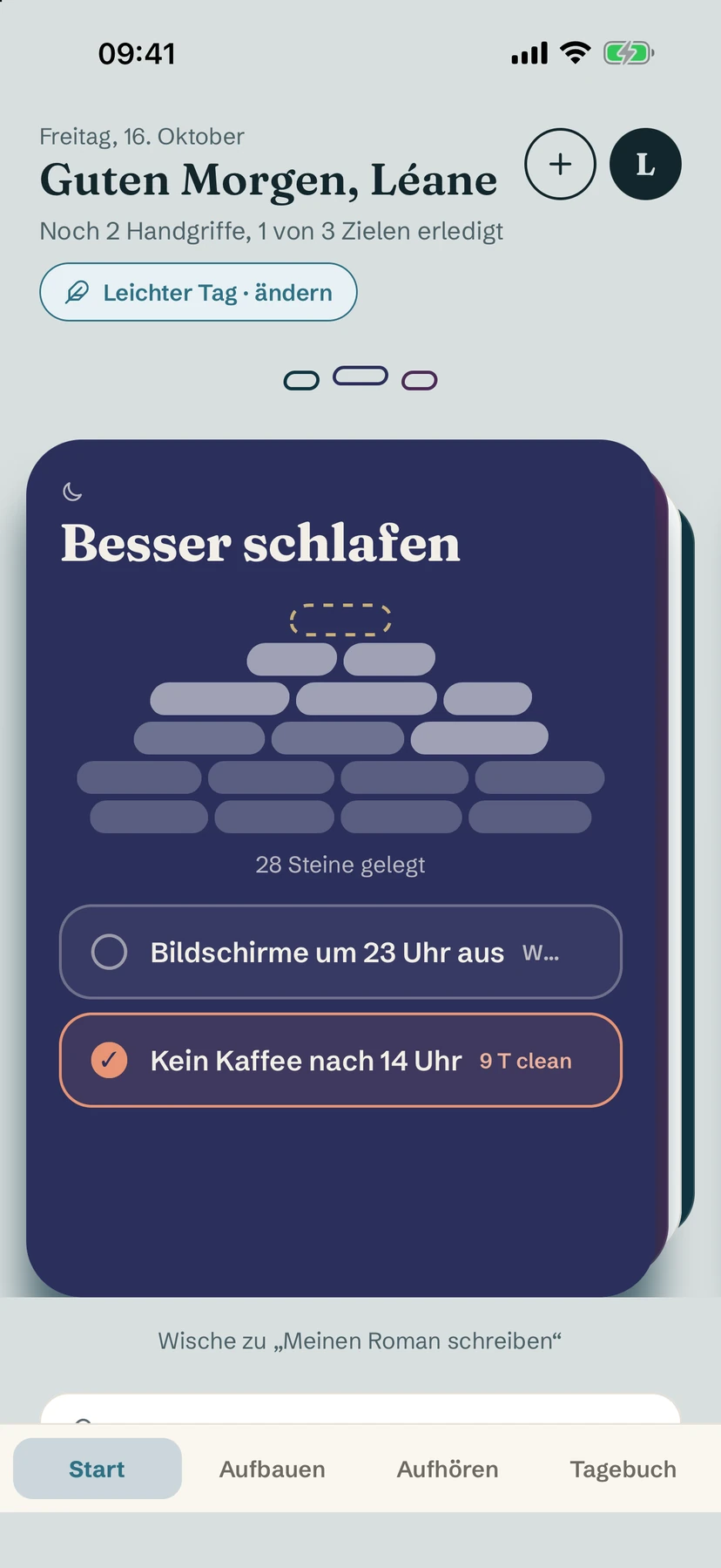 Der Startbildschirm an einem leichten Tag, mit dem Chip „Leichter Tag · ändern“ über der Zielkarte
