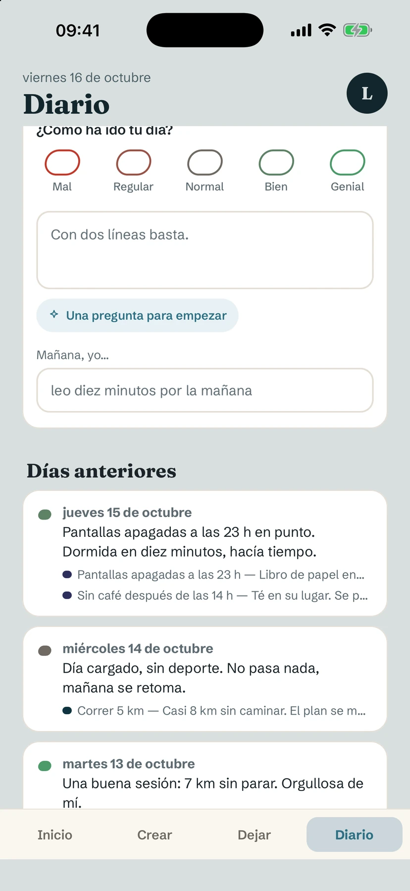 La pestaña Diario de Yolmira: una escala de estado de ánimo, una entrada corta y un campo Mañana, yo…