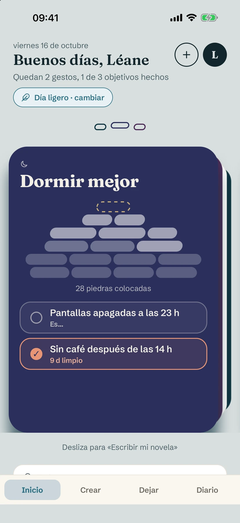 La pantalla de inicio en un día ligero, con una etiqueta «Día ligero · cambiar» encima de la tarjeta de objetivo
