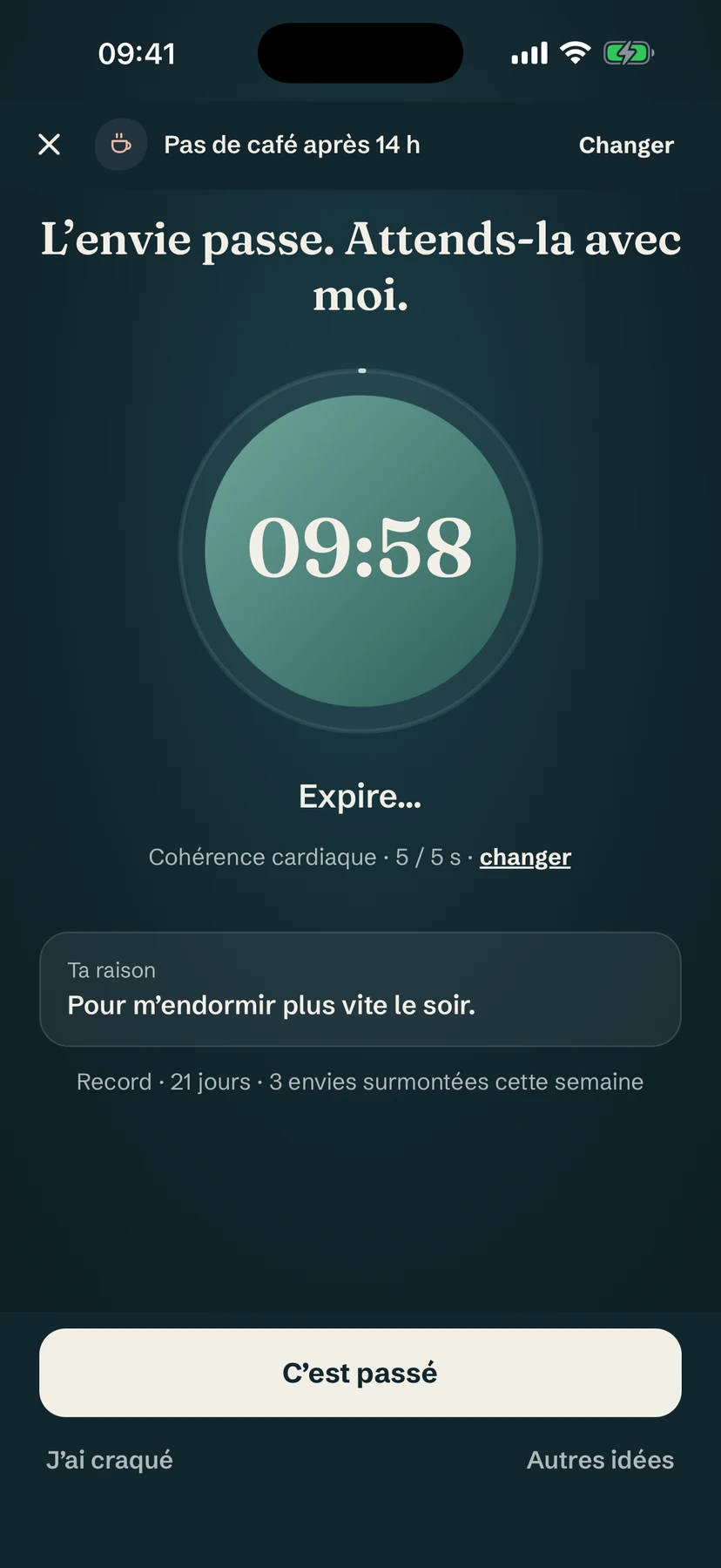 L'écran d'envie de Yolmira : un minuteur de dix minutes dans un cercle de respiration, avec la raison de l'utilisateur