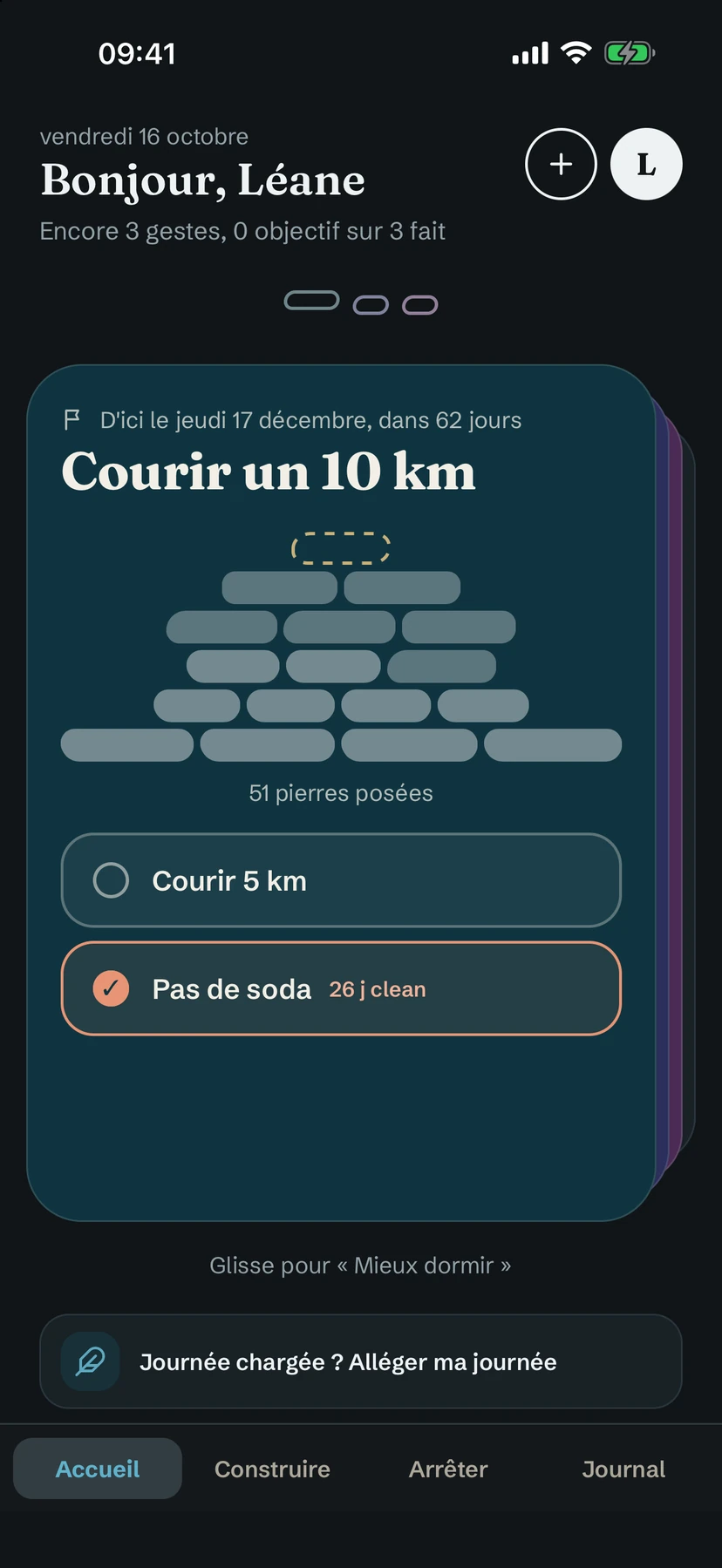 L'accueil avec une carte objectif, en mode sombre