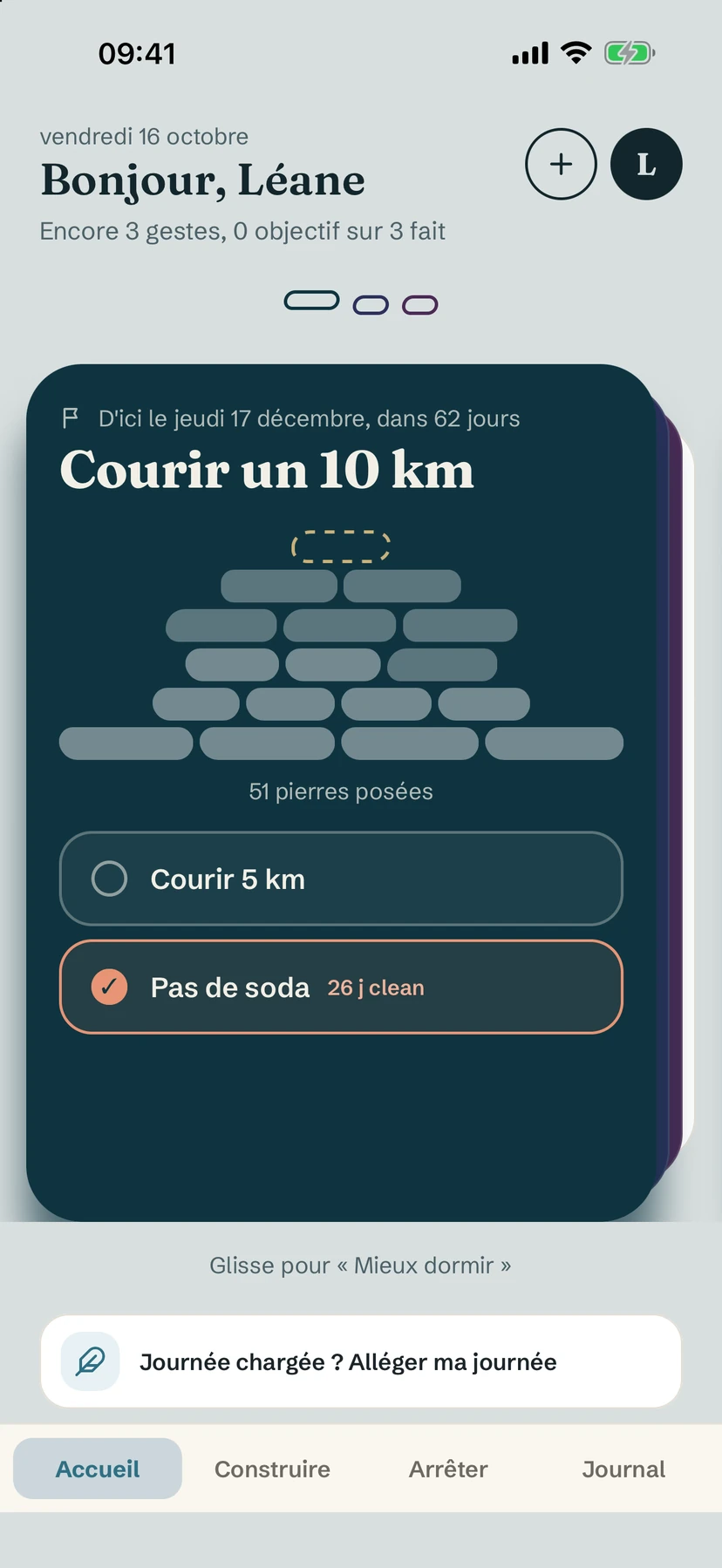 L'accueil de Yolmira : l'objectif Courir un 10 km, son cairn de pierres et les habitudes du jour