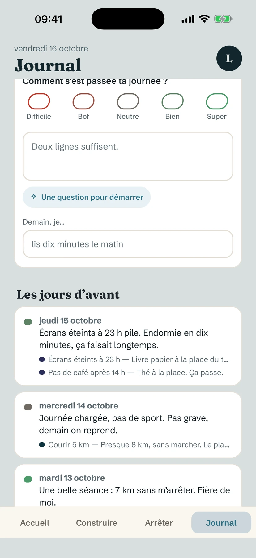 L'onglet Journal de Yolmira : une échelle d'humeur, une courte entrée et un champ « Demain, je… »