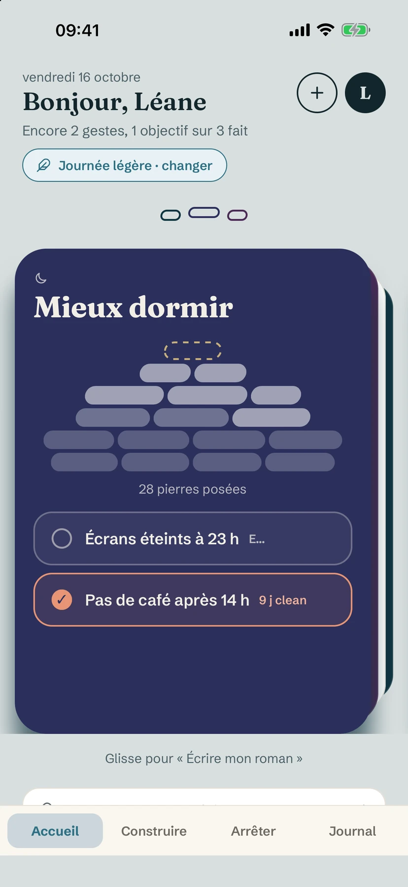 L'accueil lors d'une journée légère, avec une pastille « Journée légère · changer » au-dessus de la carte objectif