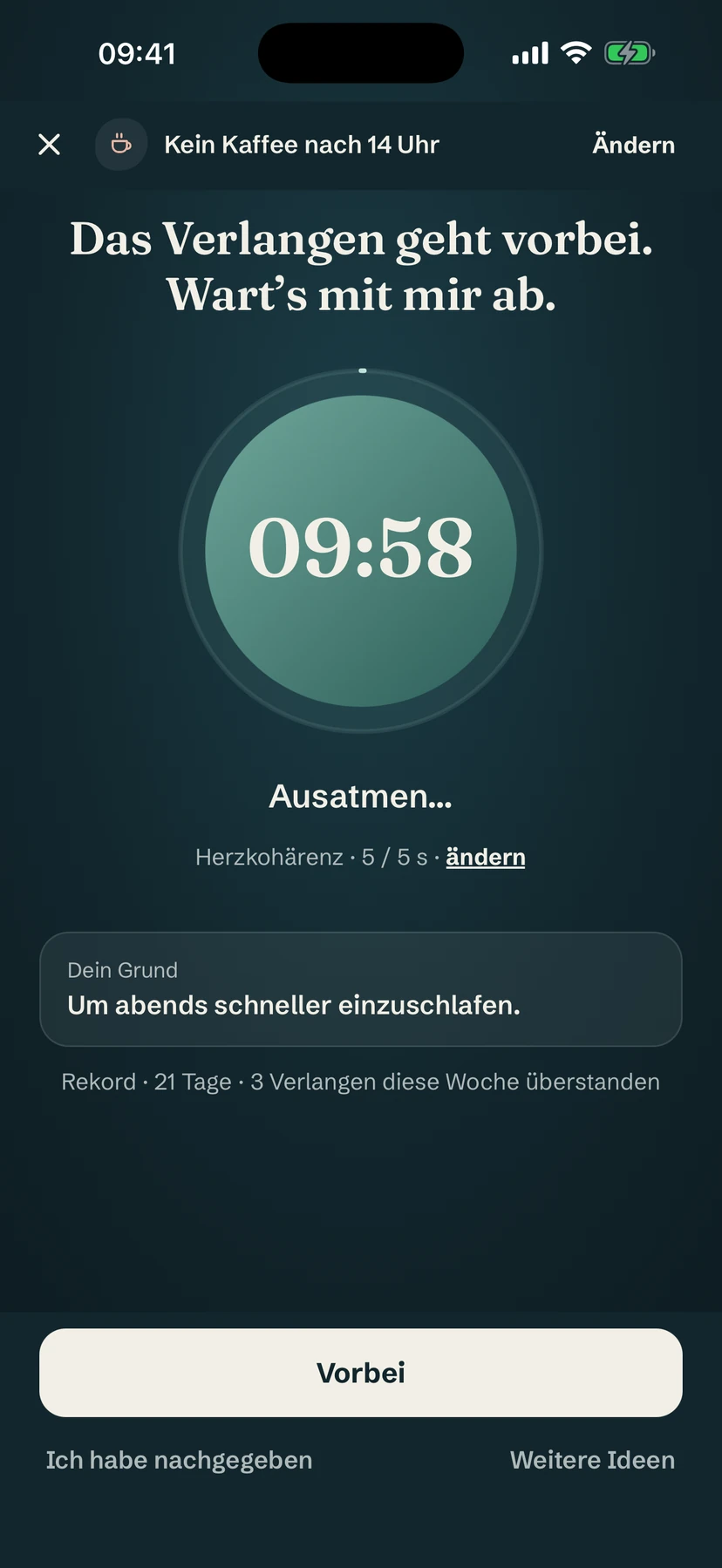 Dunkler Verlangen-Bildschirm mit einem 10-Minuten-Countdown in einem Atemkreis und dem Grund aufzuhören
