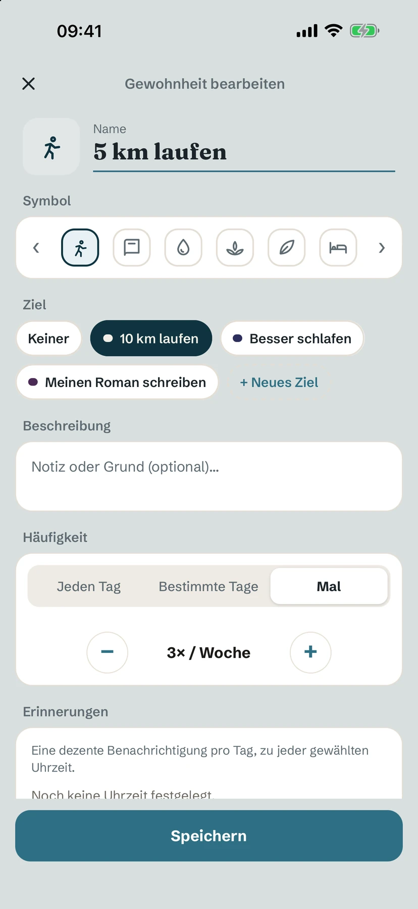 Bildschirm Gewohnheit bearbeiten mit Name, Symbol, Ziel, Beschreibung und Häufigkeit