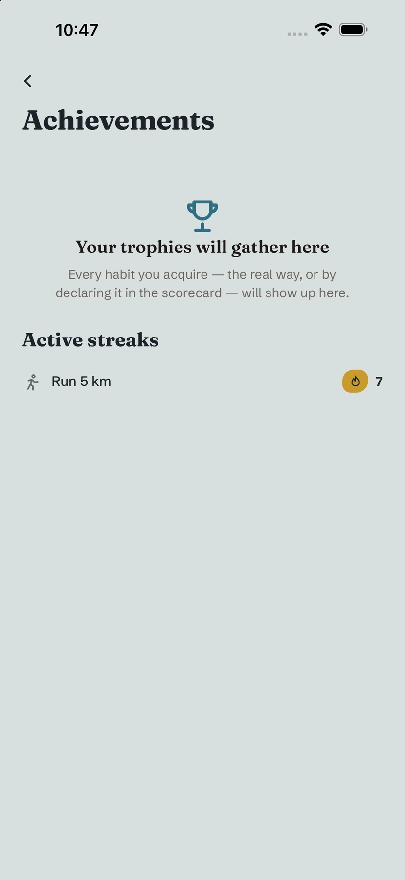 Achievements screen with trophies and active streaks