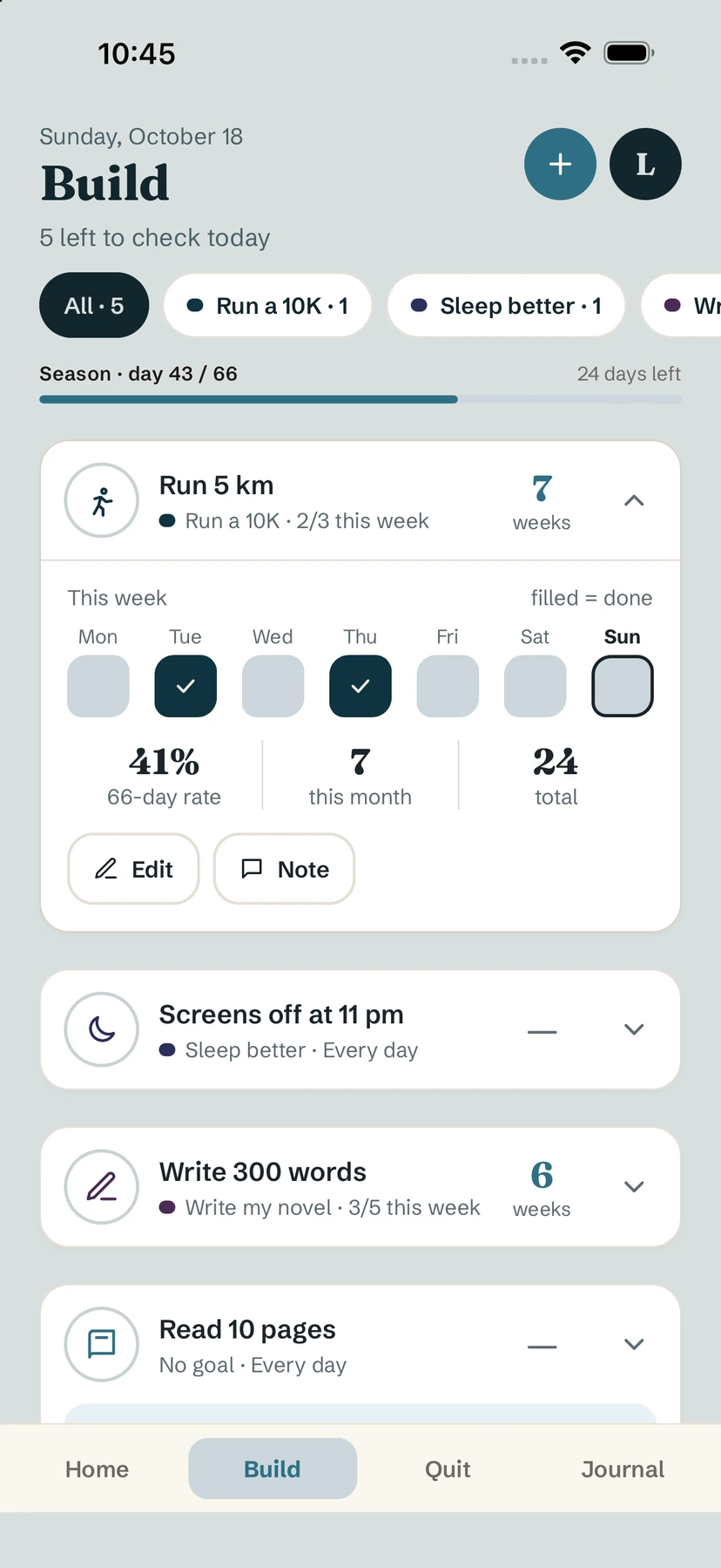 Build tab with an expanded habit showing this week and its stats