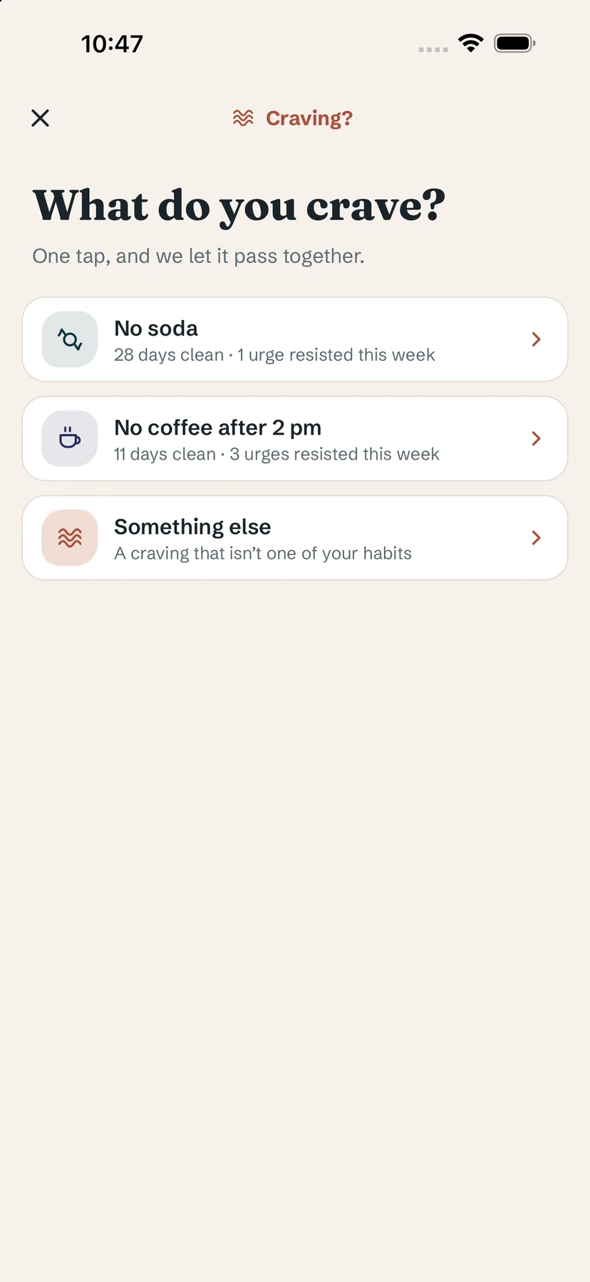 What do you crave? screen listing quit habits and Something else