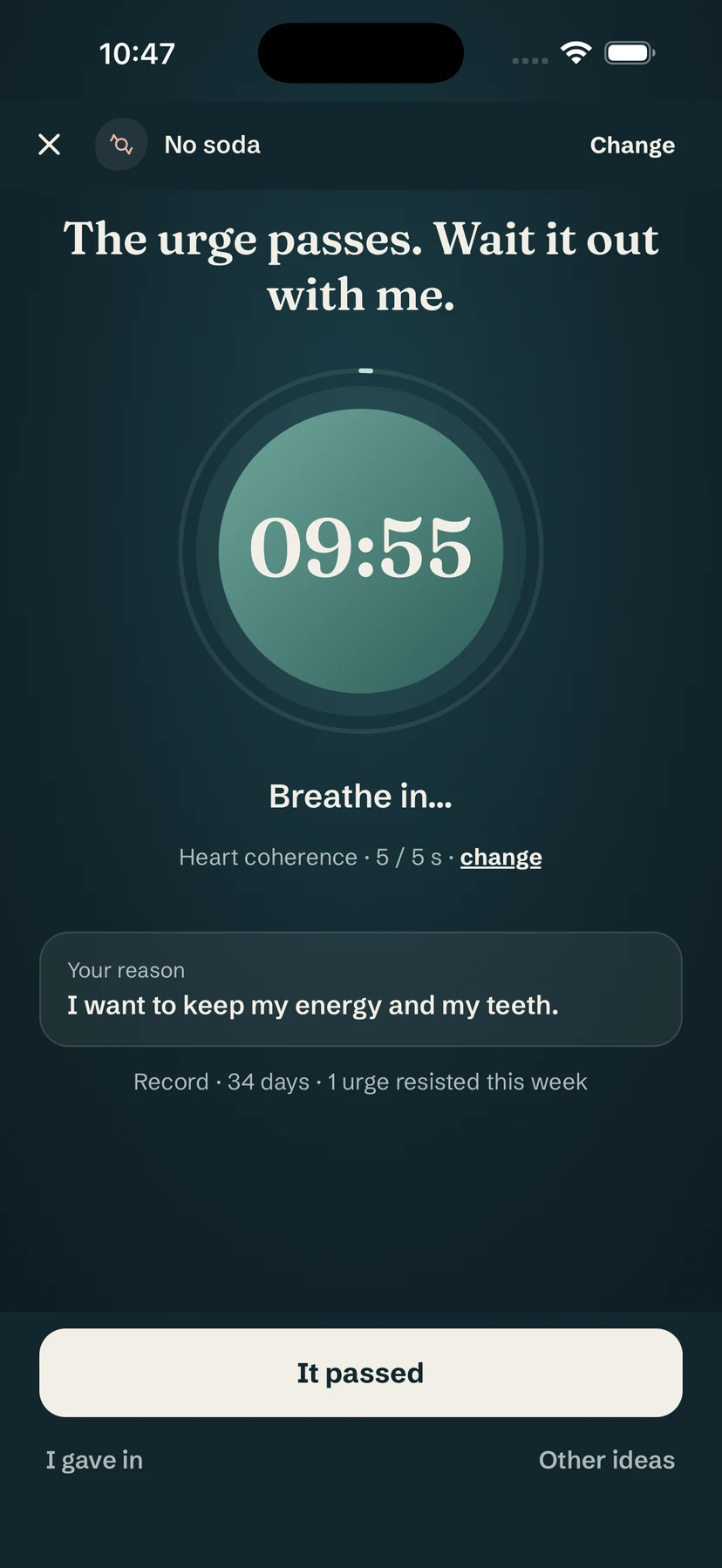 Dark craving screen with a 10-minute countdown in a breathing circle and the reason to quit