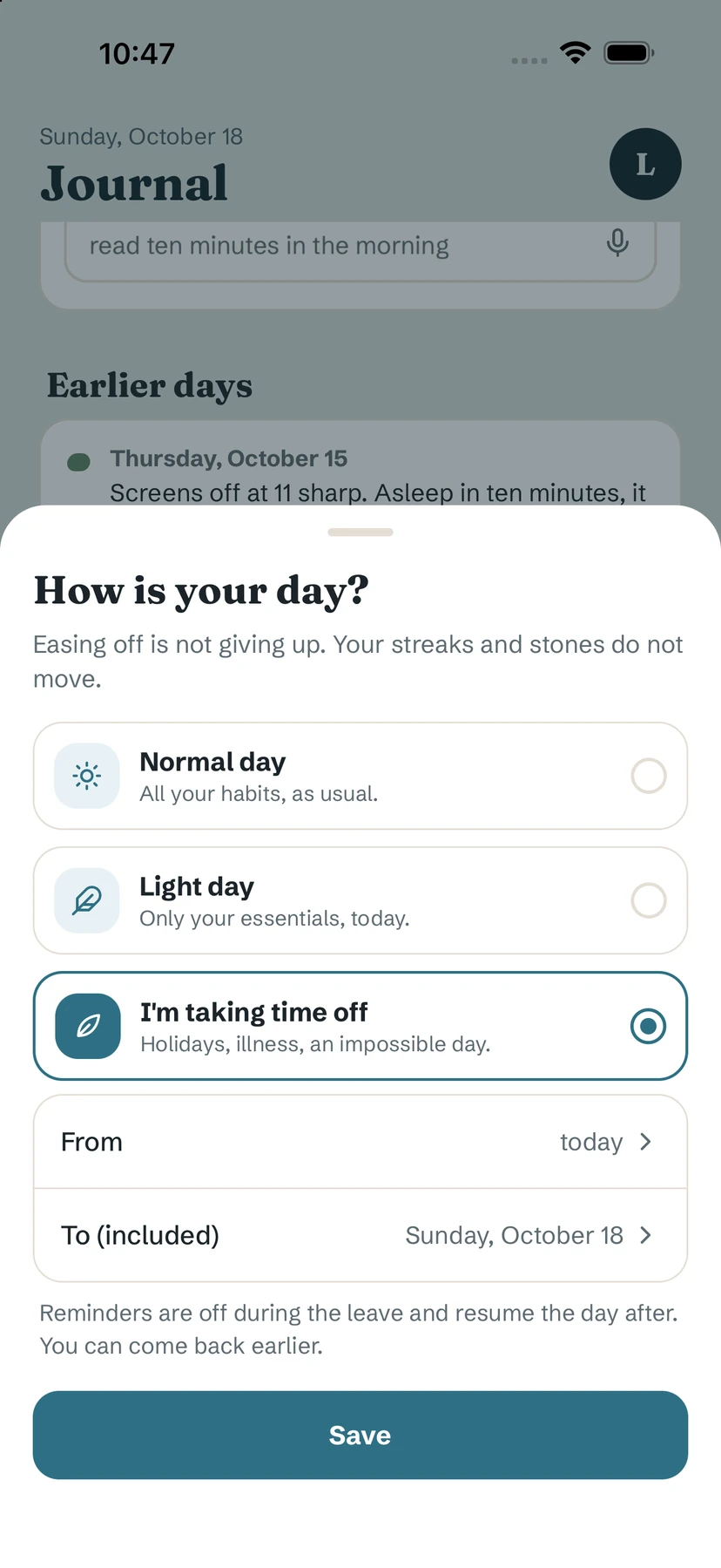 The How is your day? sheet with I'm taking time off selected and From / To dates