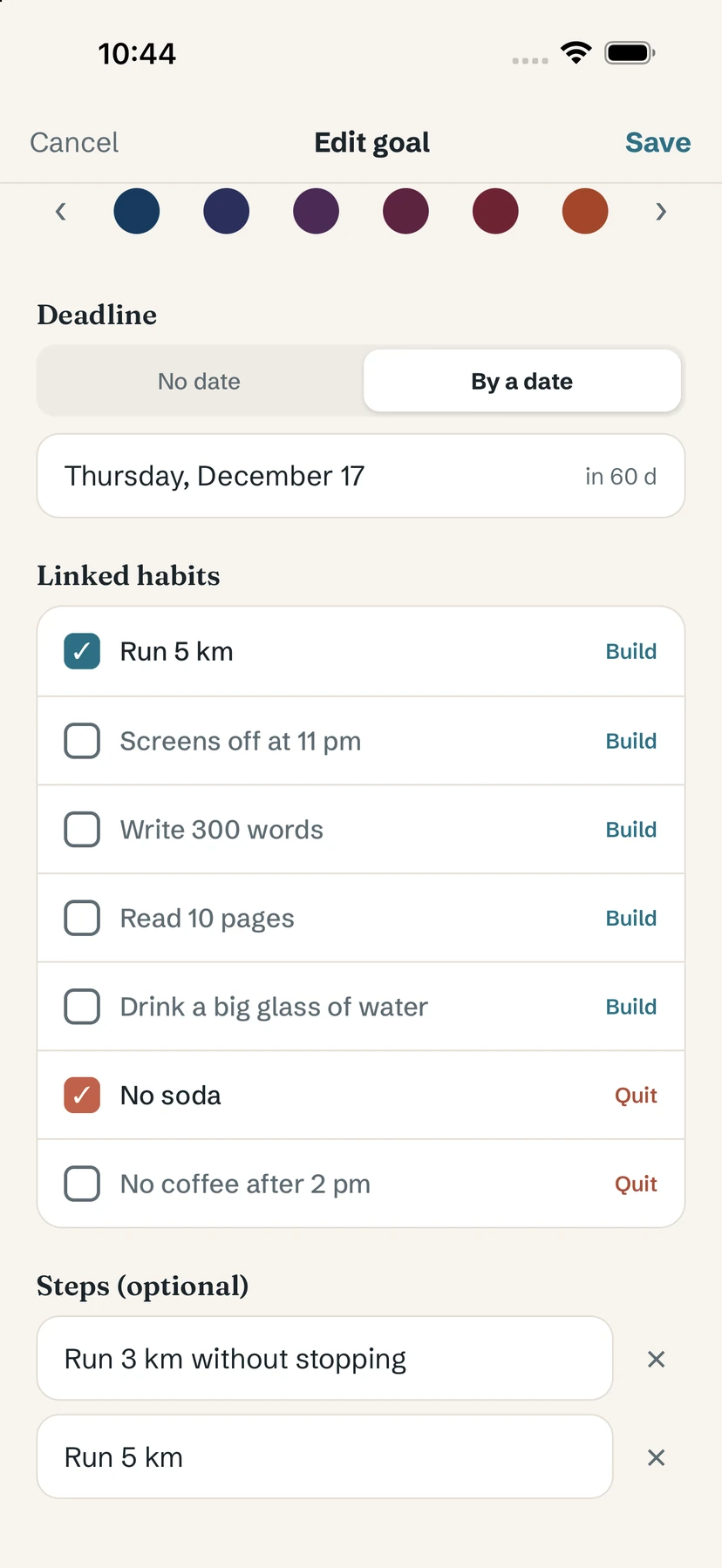 Linked habits list with build and quit habits, and optional steps