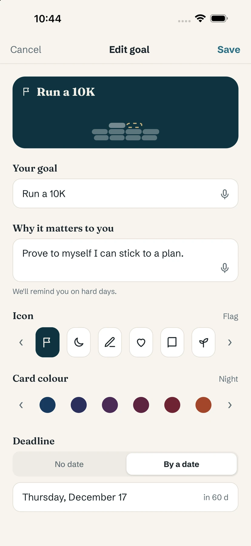 Edit goal screen with name, reason, icon, card colour and deadline