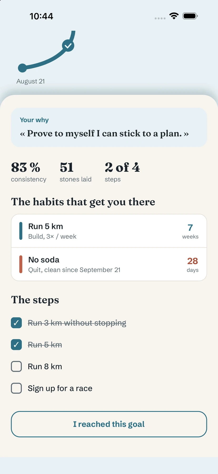 Goal detail scrolled: consistency, stones laid, habits and steps