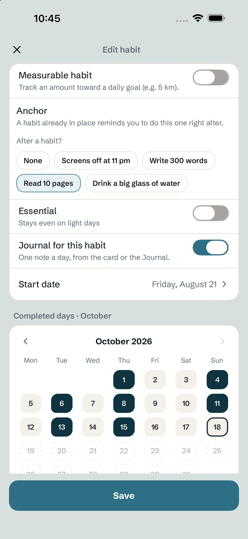 Habit editor with the Completed days calendar for October