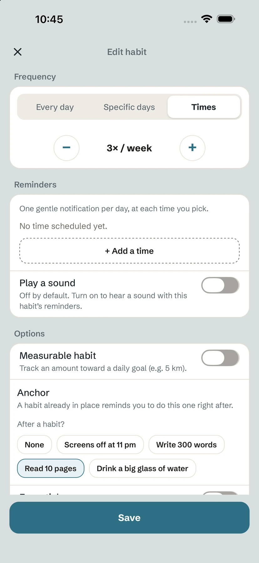 Reminders section of the habit editor with Add a time and Play a sound