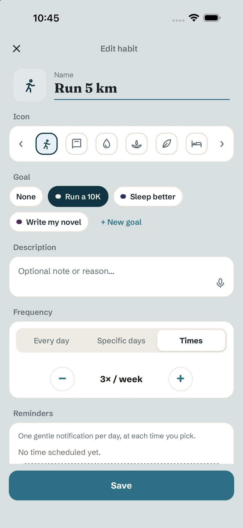 Edit habit screen with name, icon, goal, description and frequency