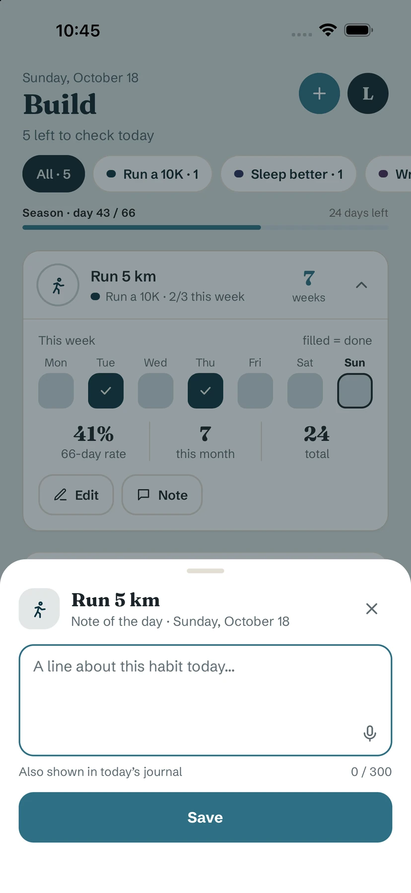 The note sheet for Run 5 km: a text field, Also shown in today's journal, and a Save button
