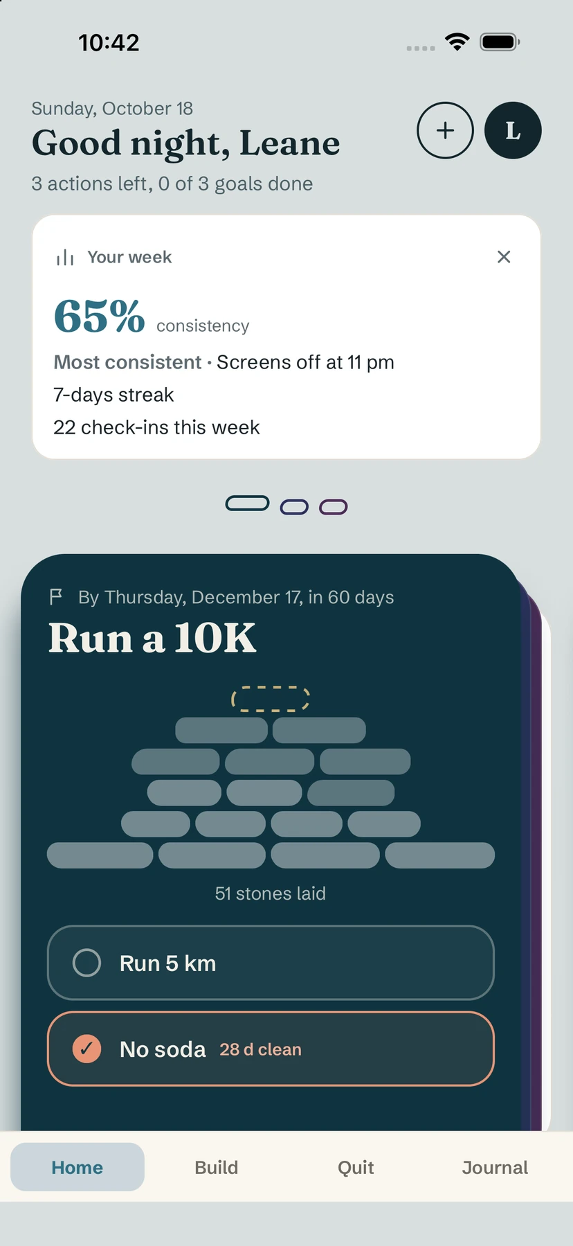Home with the Your week card: 65% consistency, most consistent habit, 7-day streak, 22 check-ins
