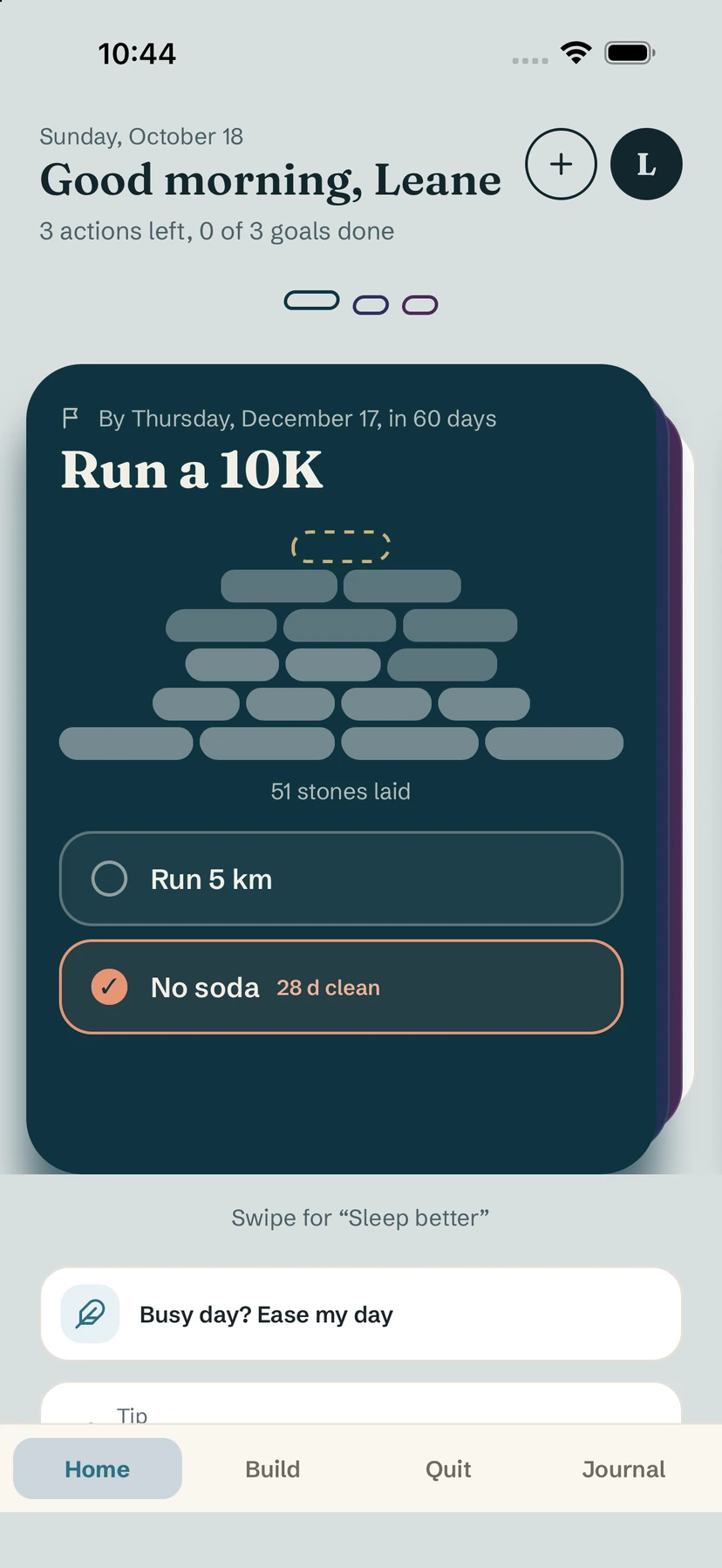 Yolmira home screen with a goal card, its cairn of stones and two habits