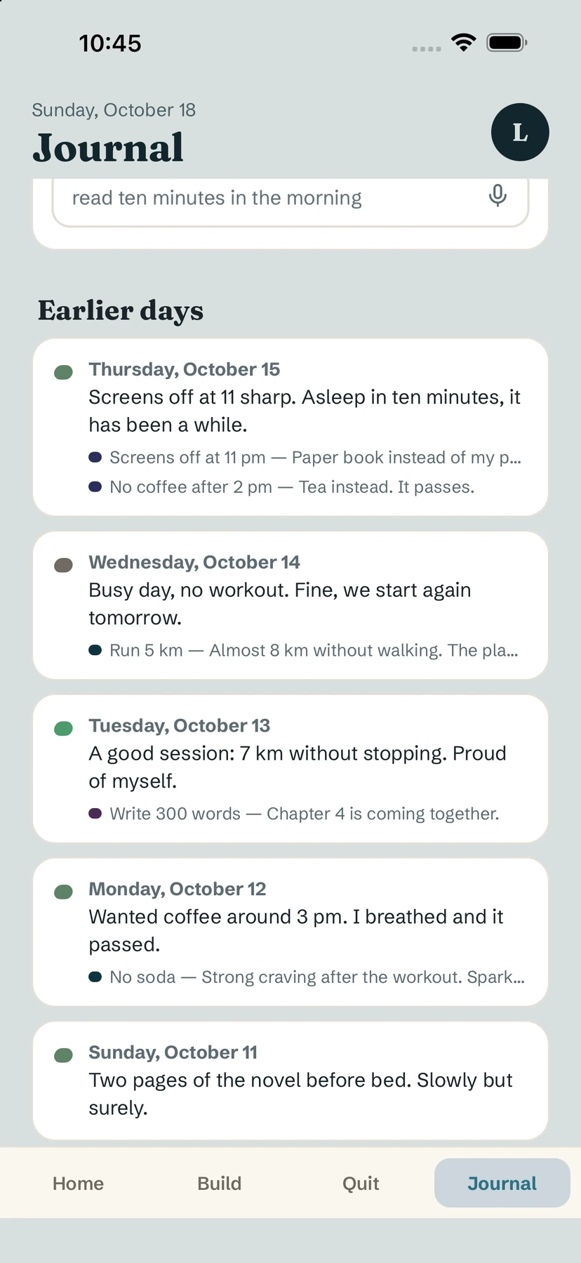 Earlier days: past journal entries with mood dots and habit notes