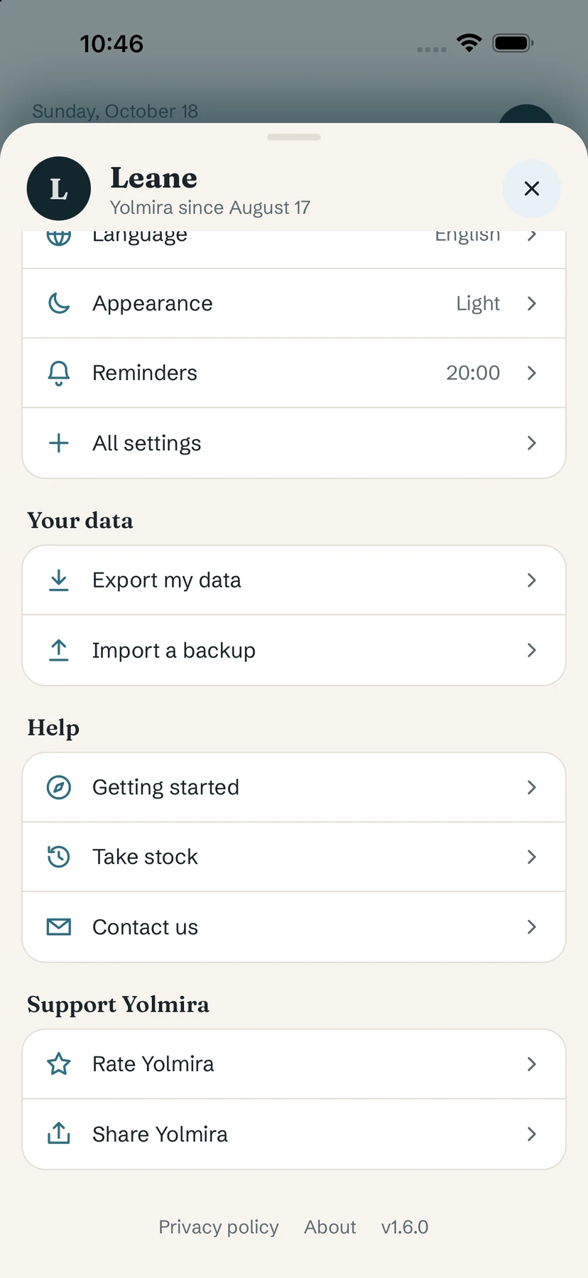 Your space, scrolled: Your data with Export my data and Import a backup, Help and Support Yolmira
