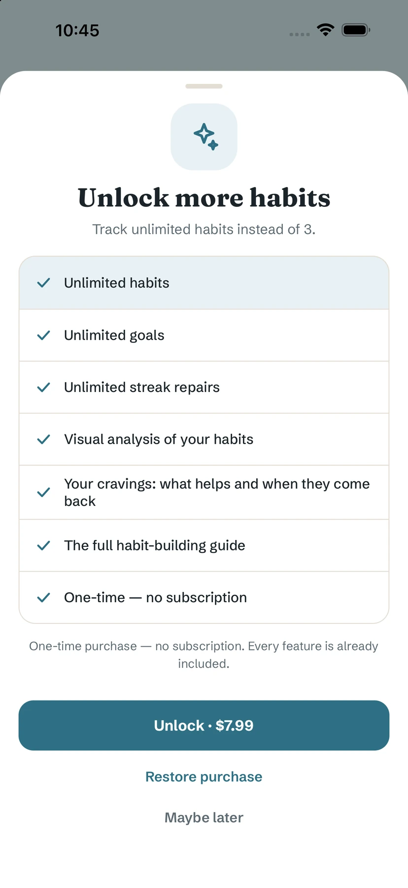 The Yolmira Pro sheet: unlimited habits and goals, unlimited streak repairs, analysis, cravings insights, the guide, one-time purchase