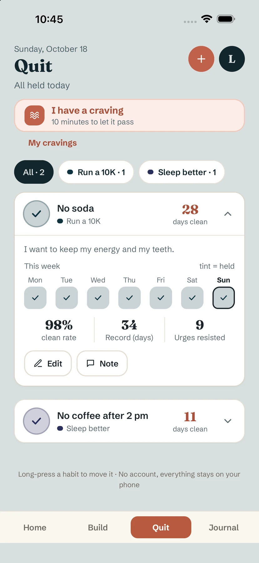 Quit tab with the craving button, a habit with 28 days clean and its week