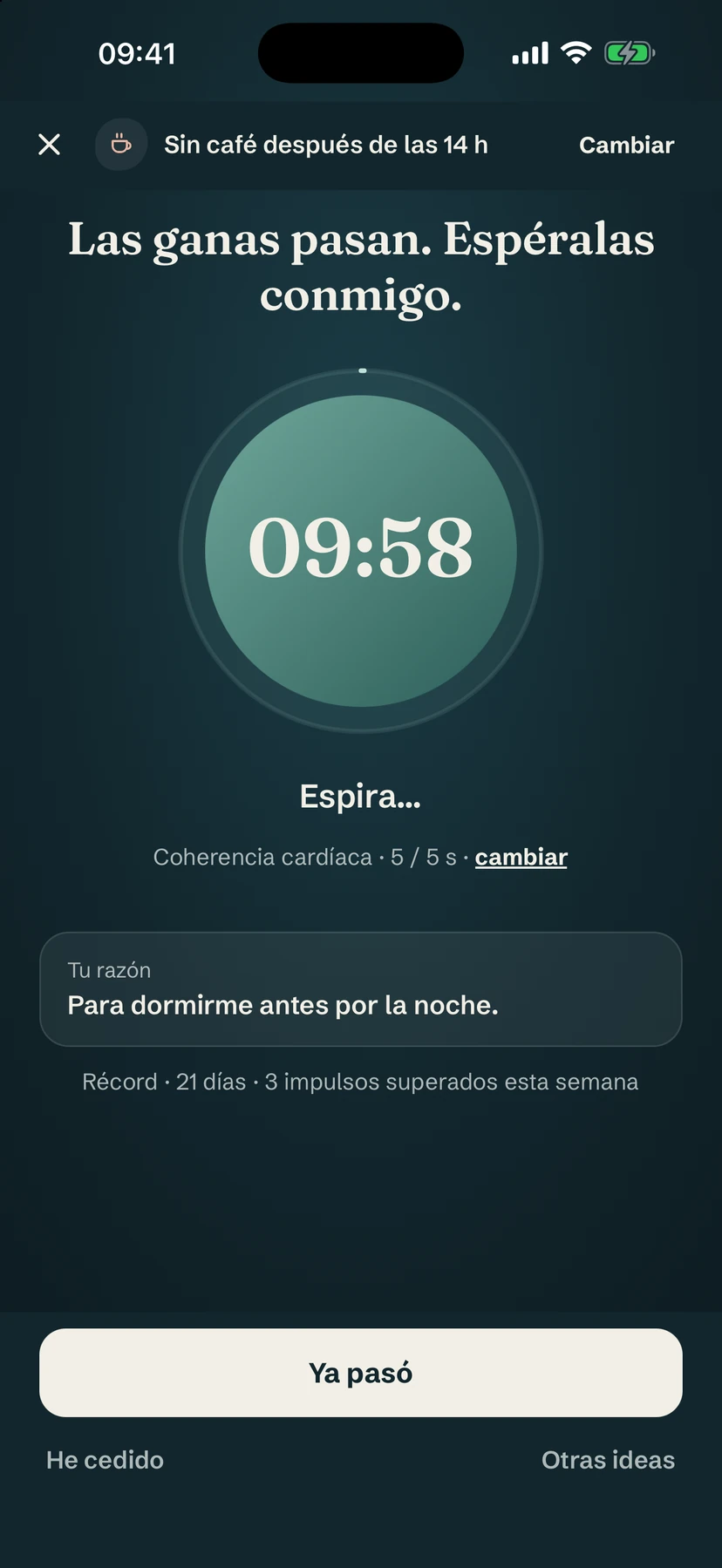 Pantalla oscura de las ganas con una cuenta atrás de 10 minutos dentro de un círculo de respiración y la razón para dejarlo
