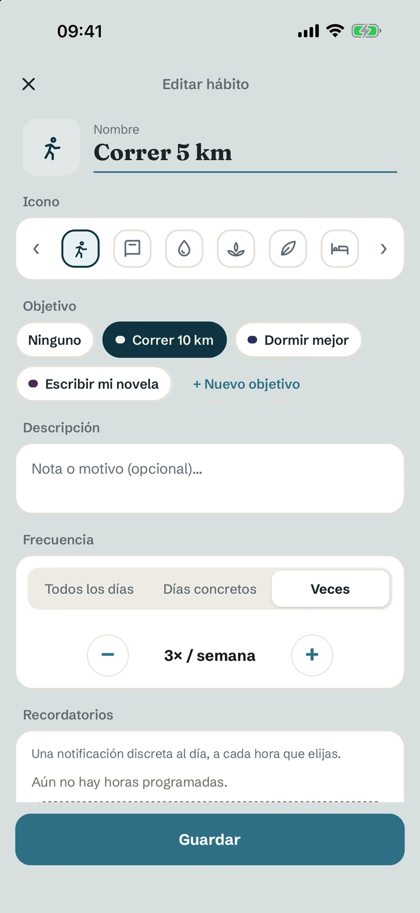 Pantalla Editar hábito con nombre, icono, objetivo, descripción y frecuencia