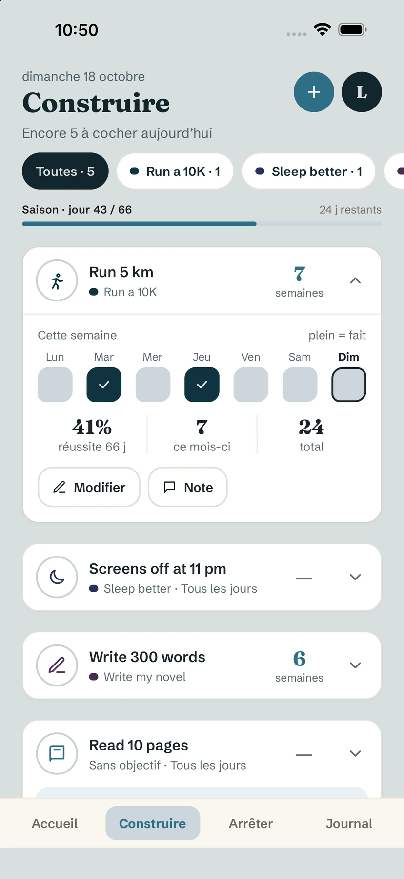 Onglet Construire avec les séries et la semaine d'une habitude