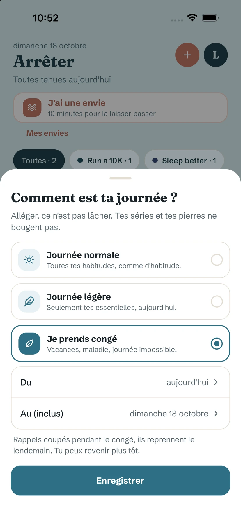 La fenêtre Comment est ta journée ? avec Je prends congé sélectionné et les dates Du / Au