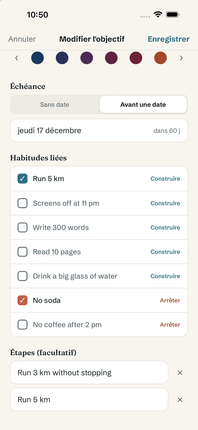 Liste des habitudes liées, à construire et à arrêter, et étapes facultatives