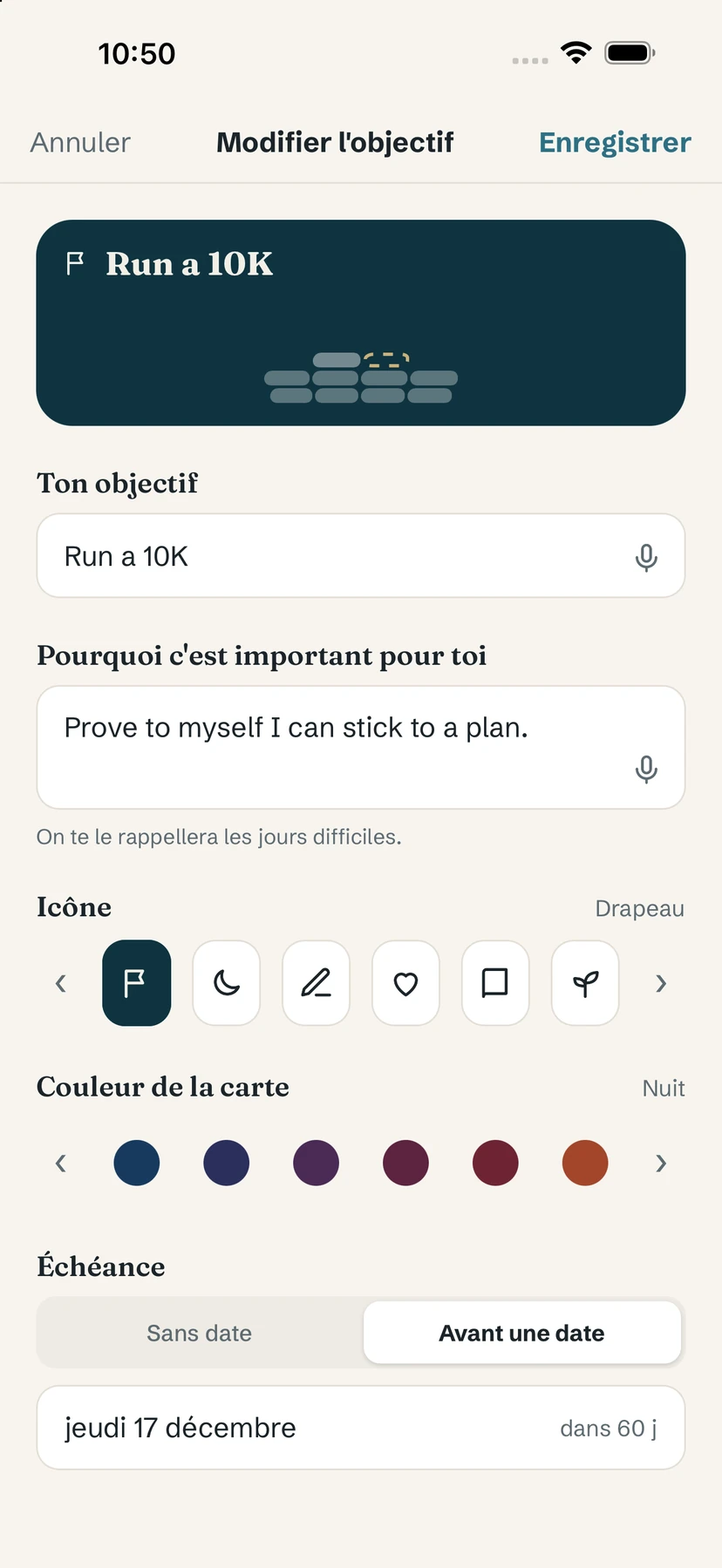 Écran Modifier l'objectif : nom, raison, icône, couleur et échéance