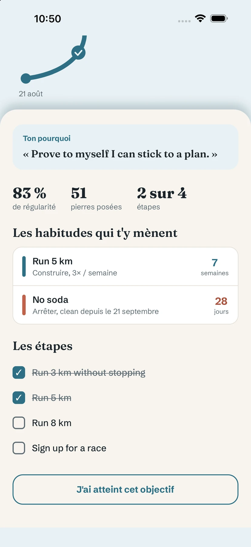 Détail d'un objectif : régularité, pierres posées, habitudes et étapes