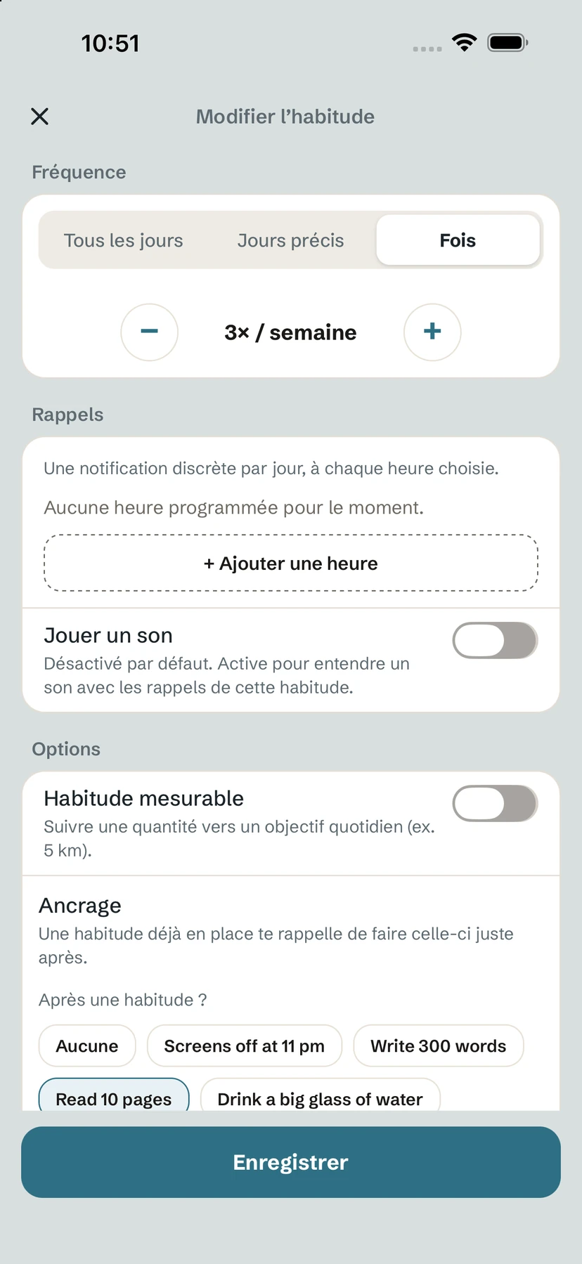 Options de l'éditeur : rappels, habitude mesurable et section Ancrage