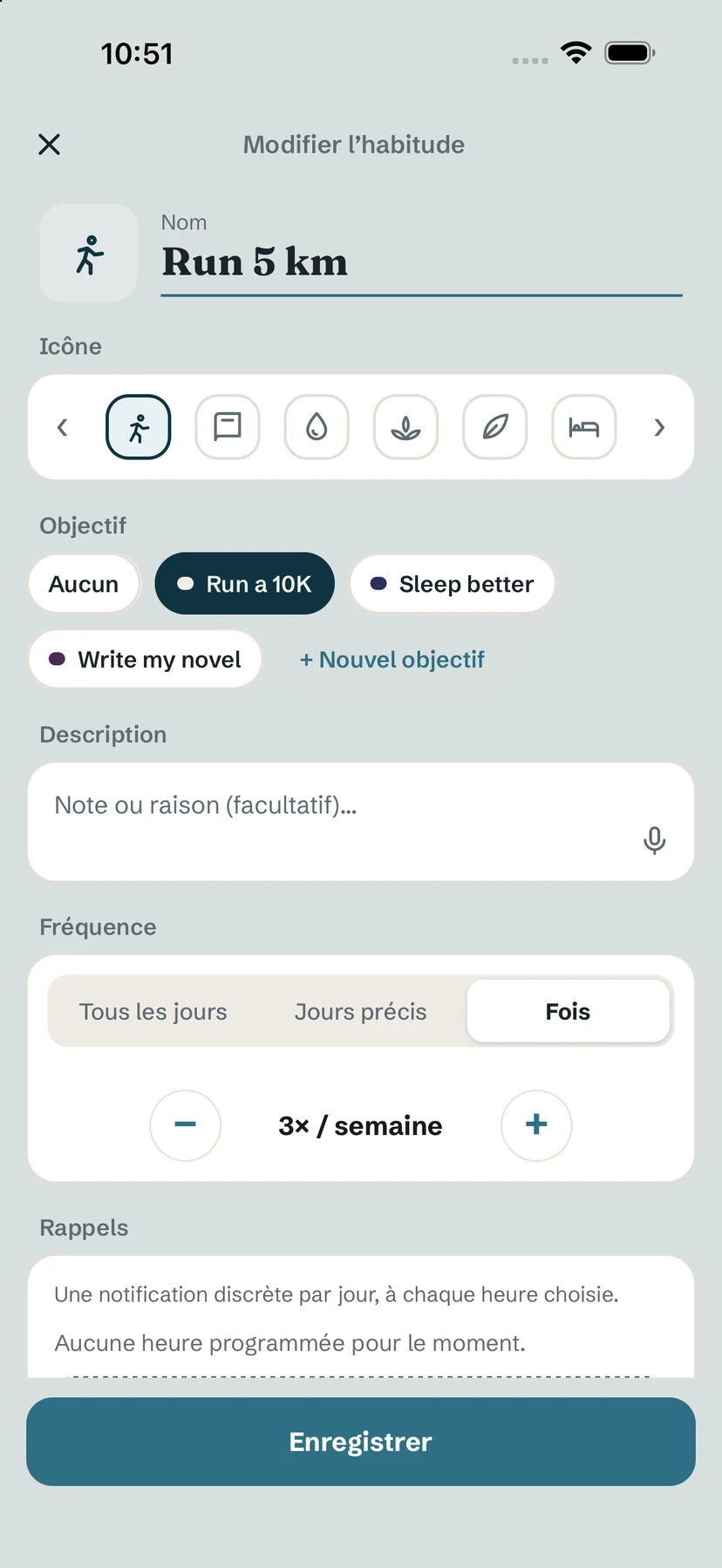 Écran Modifier l'habitude : nom, icône, objectif, description et fréquence