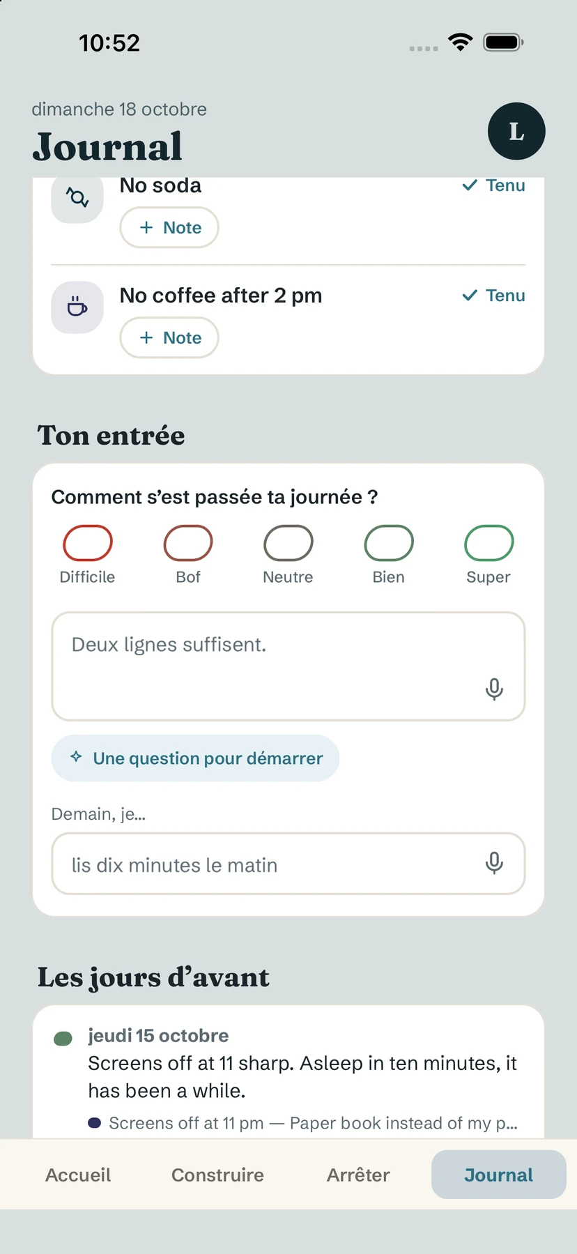 L'onglet Journal : humeurs, champ de deux lignes, Une question pour démarrer et Demain, je…