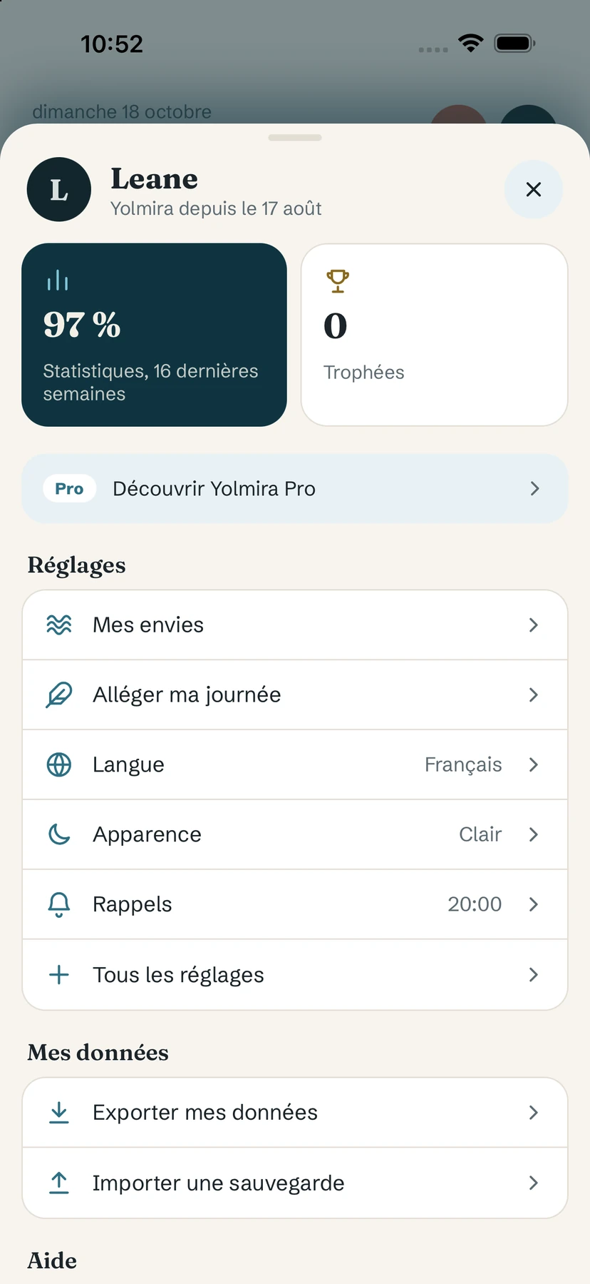 Ton espace : Statistiques, Trophées, Découvrir Yolmira Pro et les raccourcis de réglages