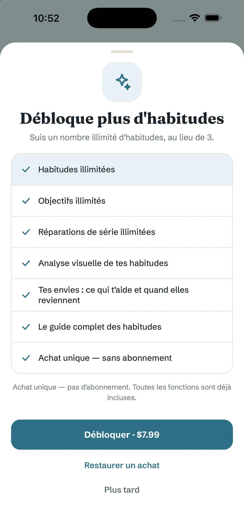 La fenêtre Yolmira Pro : habitudes et objectifs illimités, réparations illimitées, analyse, envies, guide, achat unique