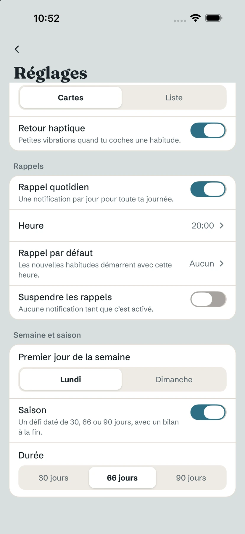 Réglages : rappel quotidien, rappel par défaut, suspension et saison