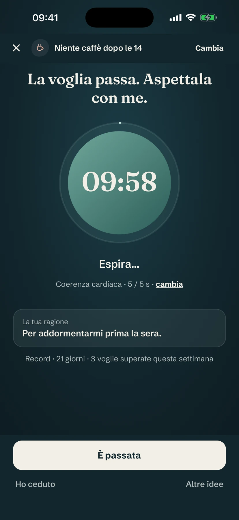 Schermata scura delle voglie con un conto alla rovescia di 10 minuti in un cerchio di respiro e il motivo per smettere