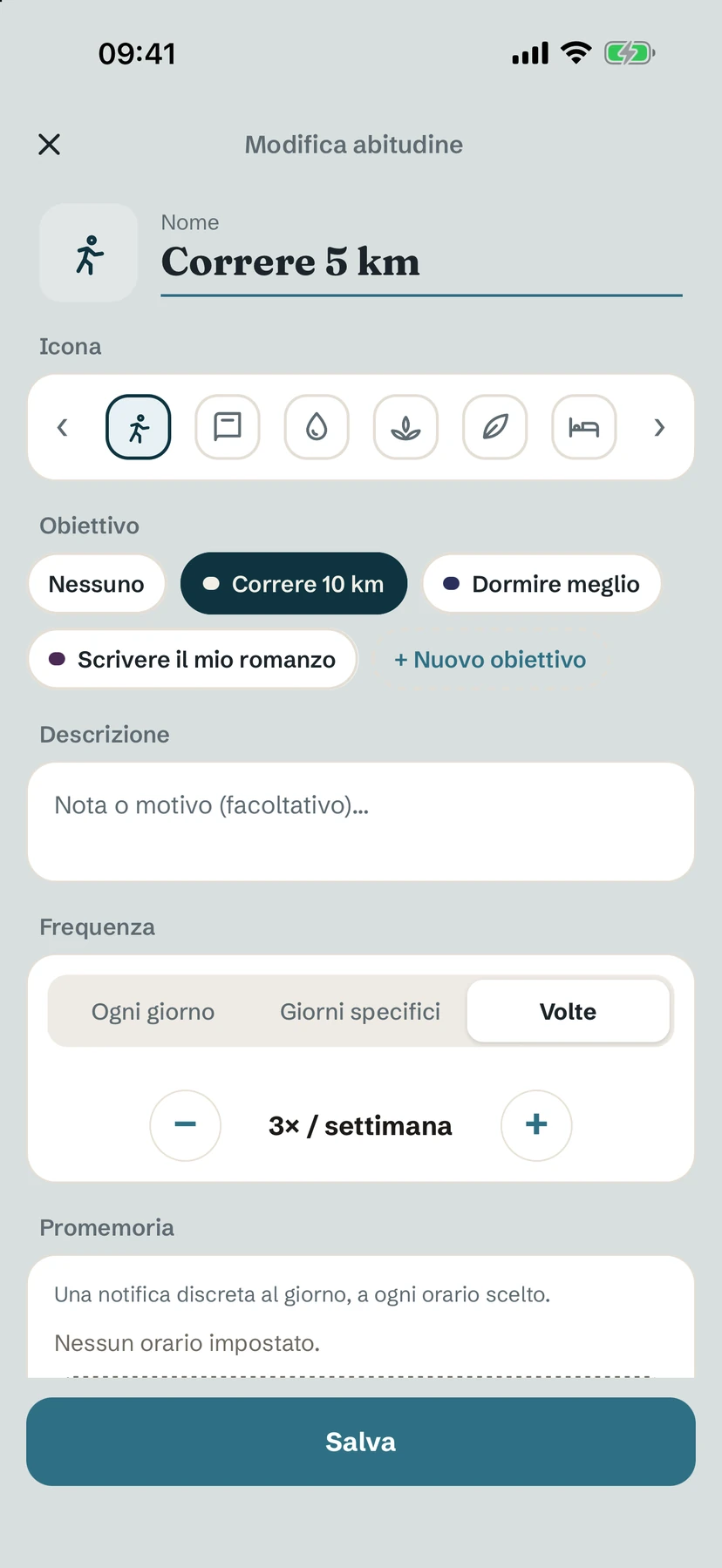 Schermata Modifica abitudine con nome, icona, obiettivo, descrizione e frequenza
