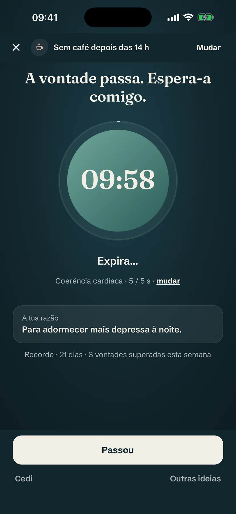 Tela escura de vontade com uma contagem regressiva de 10 minutos em um círculo de respiração e a razão para largar