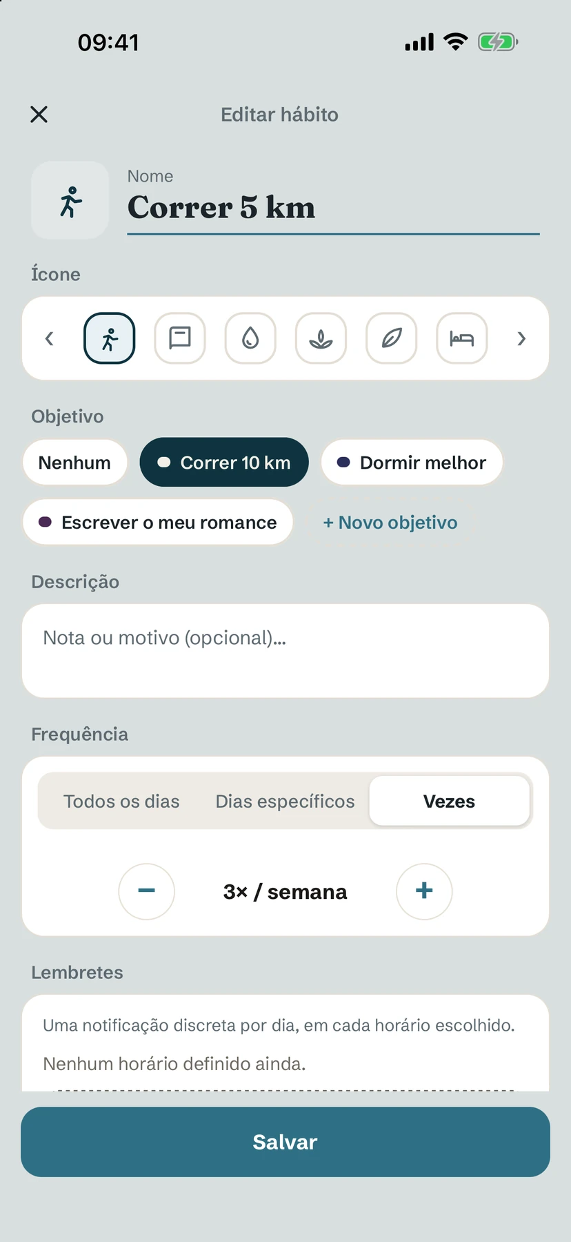 Tela Editar hábito com nome, ícone, objetivo, descrição e frequência