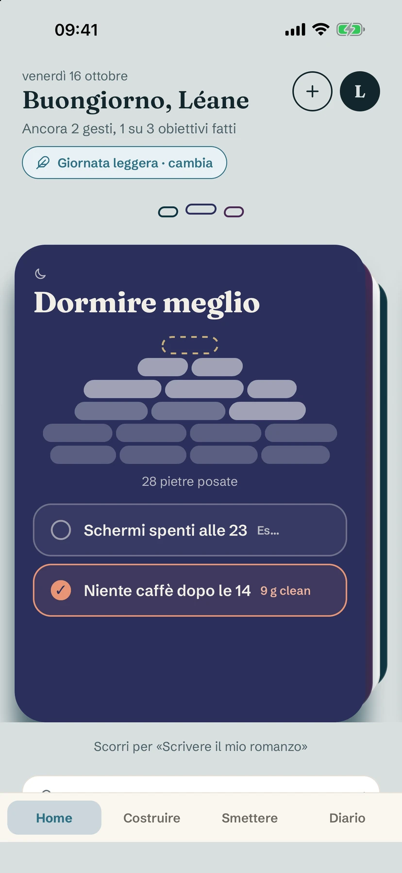 La schermata Home in una giornata leggera, con un'etichetta «Giornata leggera · cambia» sopra la scheda obiettivo